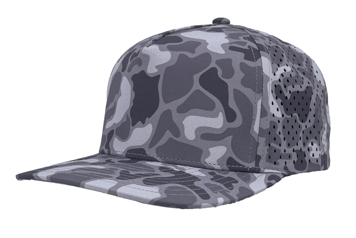 Custom Zapped Headwear Blackhawk 5-Panel Snapback Hat in Grey Old School Camo, ready for personalized logo or design
