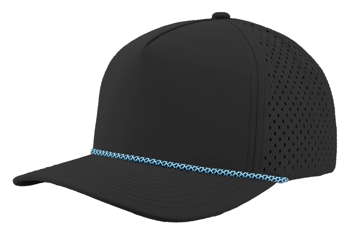 Custom Zapped Headwear Blackhawk R+ Rope Snapback Hat in Black/Electric Blue Chainlink Rope, ready for personalized logo or design