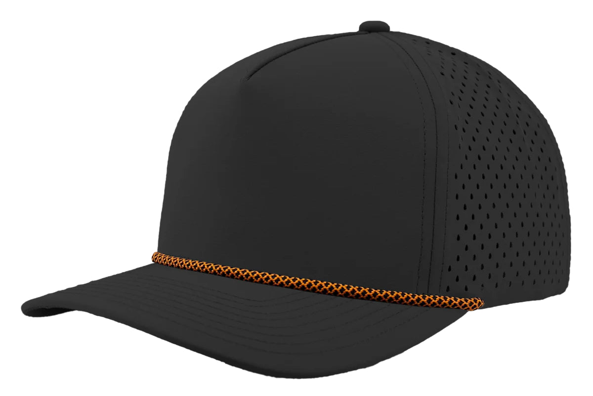 Custom Zapped Headwear Blackhawk R+ Rope Snapback Hat in Black/Orange Chainlink Rope, ready for personalized logo or design