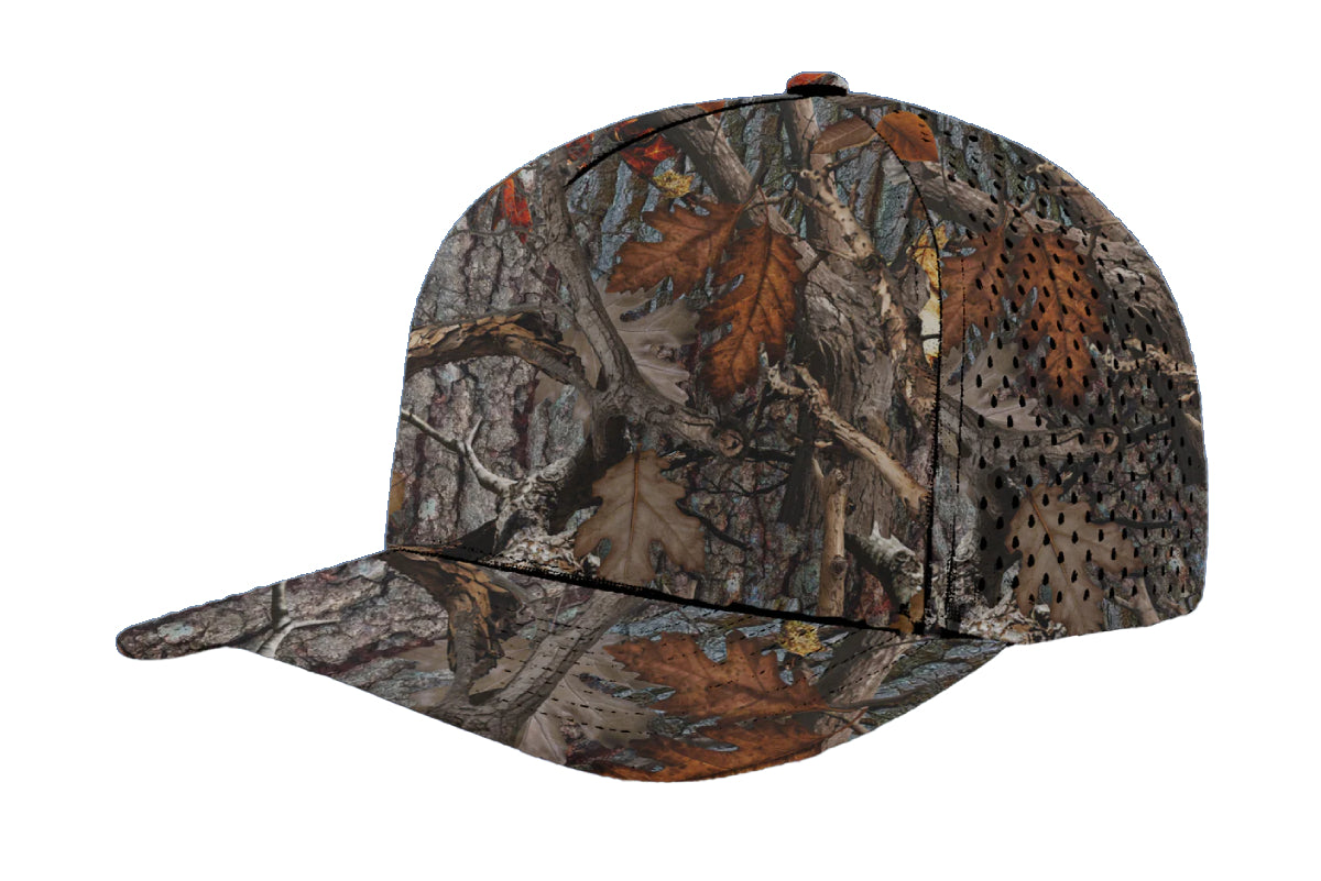 Custom Zapped Headwear Blackhawk 5-Panel Snapback Hat in Oak Camo, ready for personalized logo or design