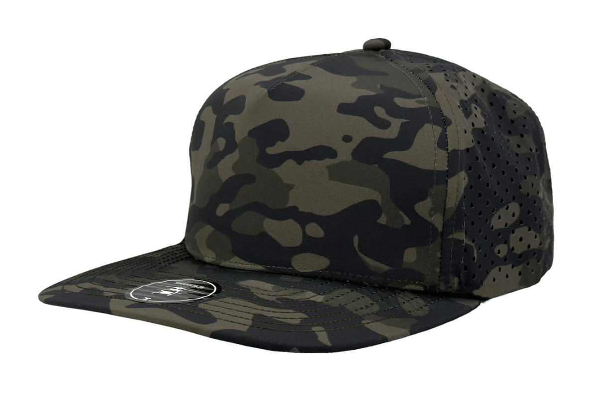 Custom Zapped Headwear Blackhawk XL 5-Panel Snapback Hat in Olive Camo, ready for personalized logo or design