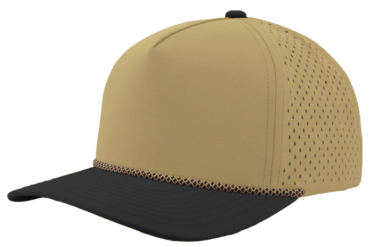 Custom Zapped Headwear Blackhawk R+ Rope Snapback Hat in Khaki/Black Bill/Khaki Chainlink Rope, ready for personalized logo or design