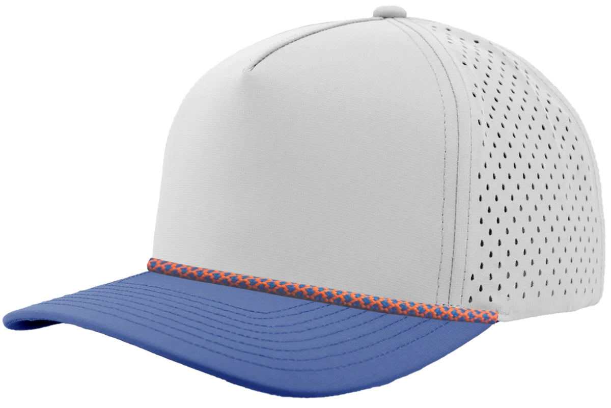 Custom Zapped Headwear Blackhawk R+ Rope Snapback Hat in Off White/Blue Bill/Blue Orange Chainlink Rope, ready for personalized logo or design