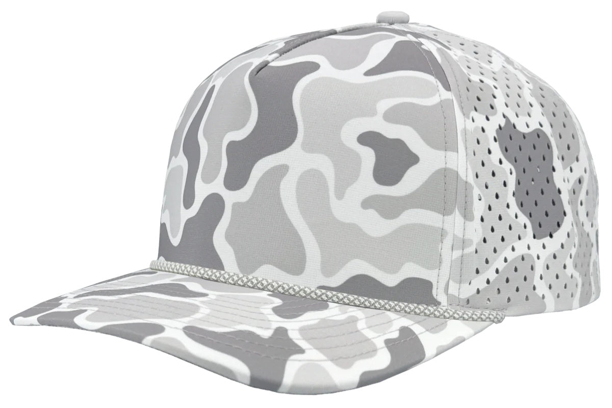 Custom Zapped Headwear Blackhawk R+ Rope Snapback Hat in Old School Snow Camo/Grey Chainlink Rope, ready for personalized logo or design