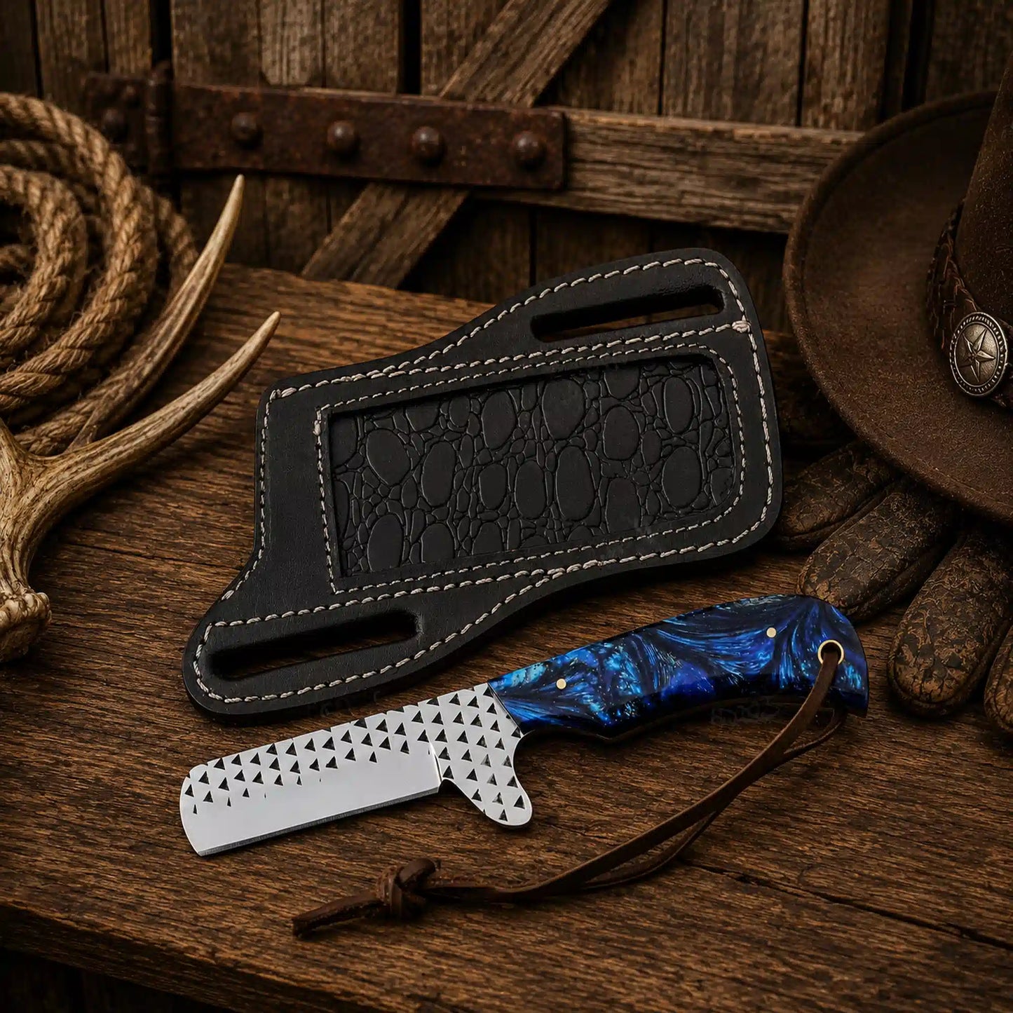 Rasp File D2 Steel Bull Cutter Knife – Blue Epoxy Resin Handle & Pancake Sheath