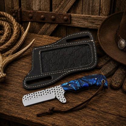Rasp File D2 Steel Bull Cutter Knife – Blue Epoxy Resin Handle & Pancake Sheath