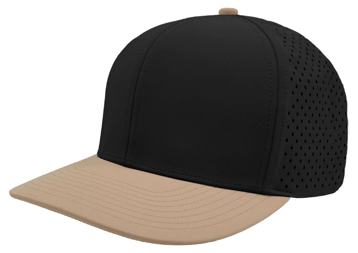 Custom Zapped Headwear Bomber 6-Panel Snapback Hat in Black/Khaki, ready for personalized logo or design