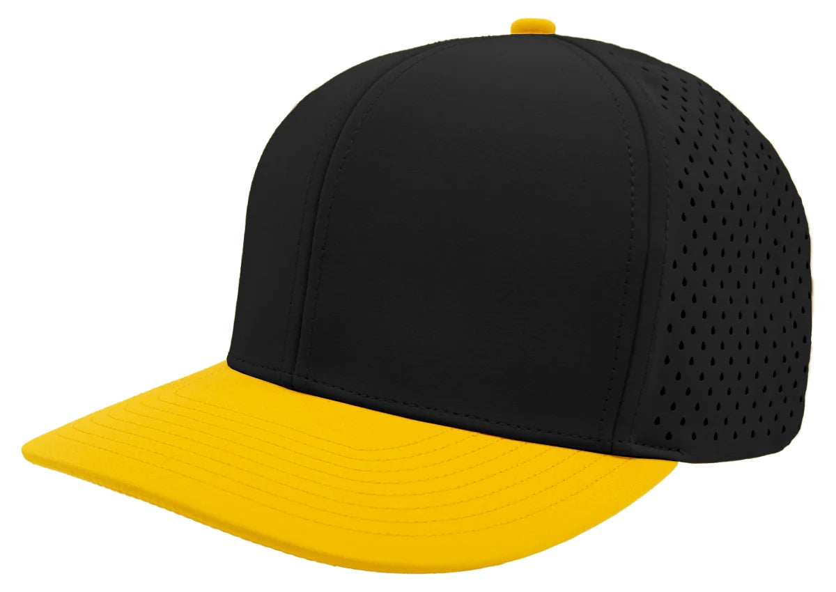 Custom Zapped Headwear Bomber 6-Panel Snapback Hat in Black/Yellow, ready for personalized logo or design
