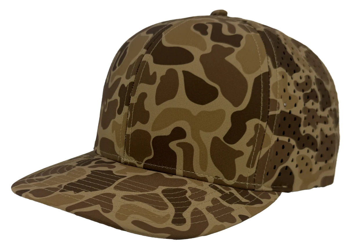 Custom Zapped Headwear Bomber 6-Panel Snapback Hat in Brown Old School Camo, ready for personalized logo or design