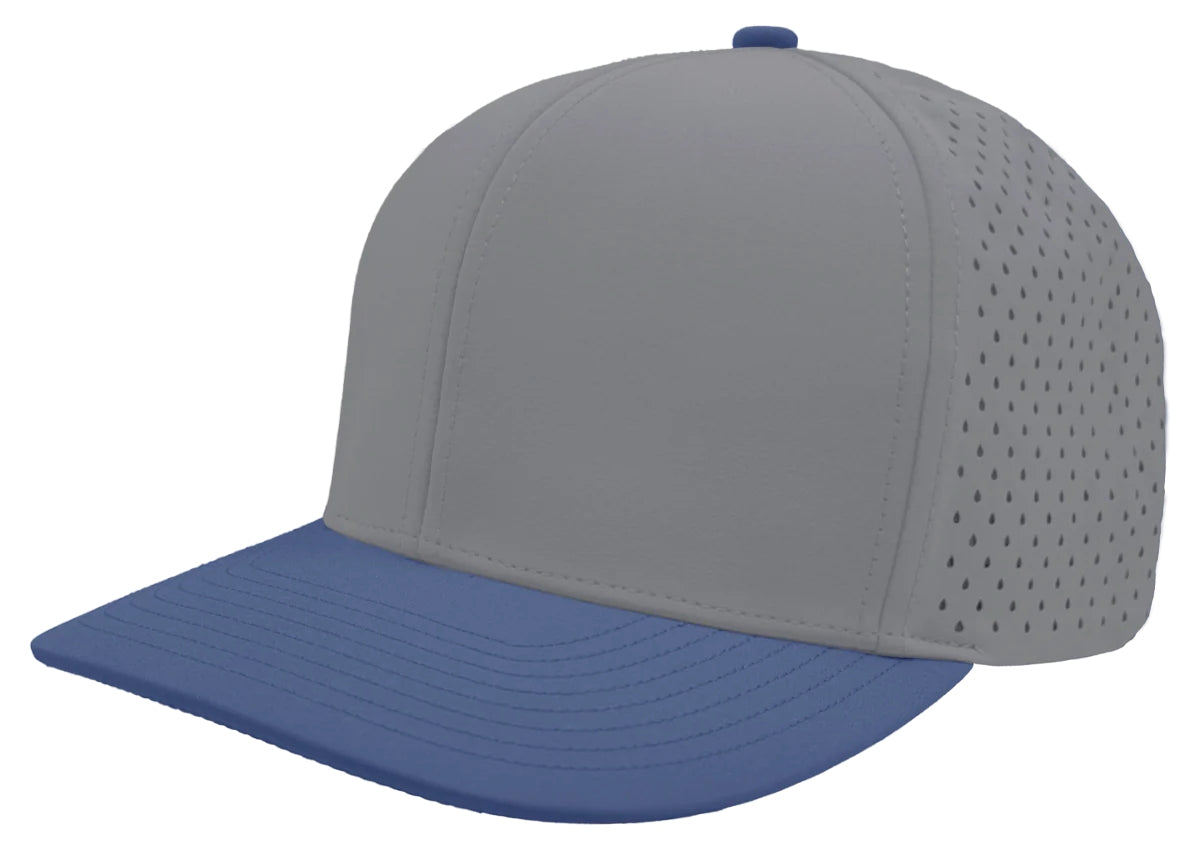 Custom Zapped Headwear Bomber 6-Panel Snapback Hat in Grey/Royal, ready for personalized logo or design