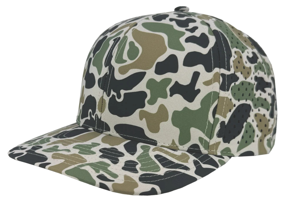 Custom Zapped Headwear Bomber 6-Panel Snapback Hat in Jungle Camo, ready for personalized logo or design