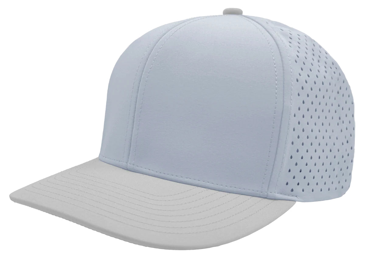 Custom Zapped Headwear Bomber 6-Panel Snapback Hat in Light Blue/Silver, ready for personalized logo or design