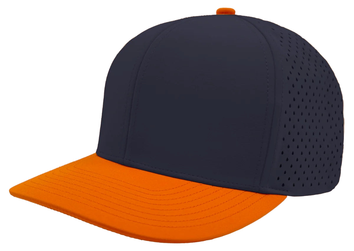 Custom Zapped Headwear Bomber 6-Panel Snapback Hat in Navy/Orange, ready for personalized logo or design