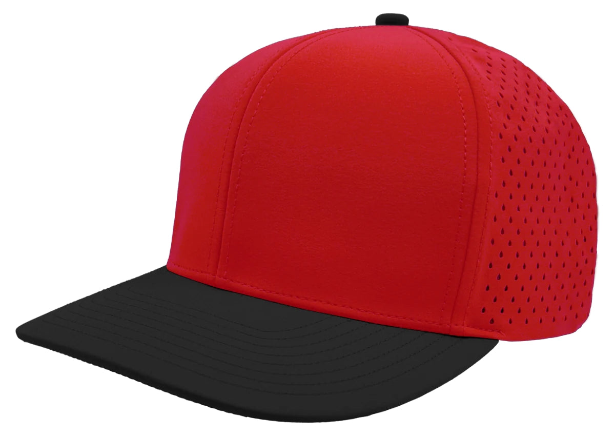 Custom Zapped Headwear Bomber 6-Panel Snapback Hat in Red/Black, ready for personalized logo or design