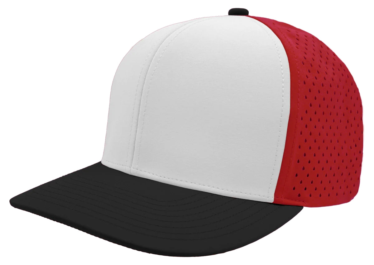 Custom Zapped Headwear Bomber 6-Panel Snapback Hat in Red/White/Black, ready for personalized logo or design