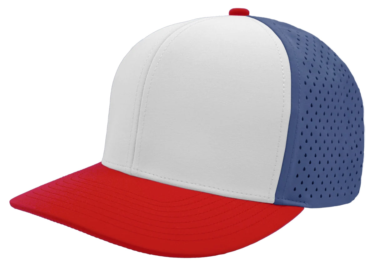 Custom Zapped Headwear Bomber 6-Panel Snapback Hat in Red/White/Blue, ready for personalized logo or design