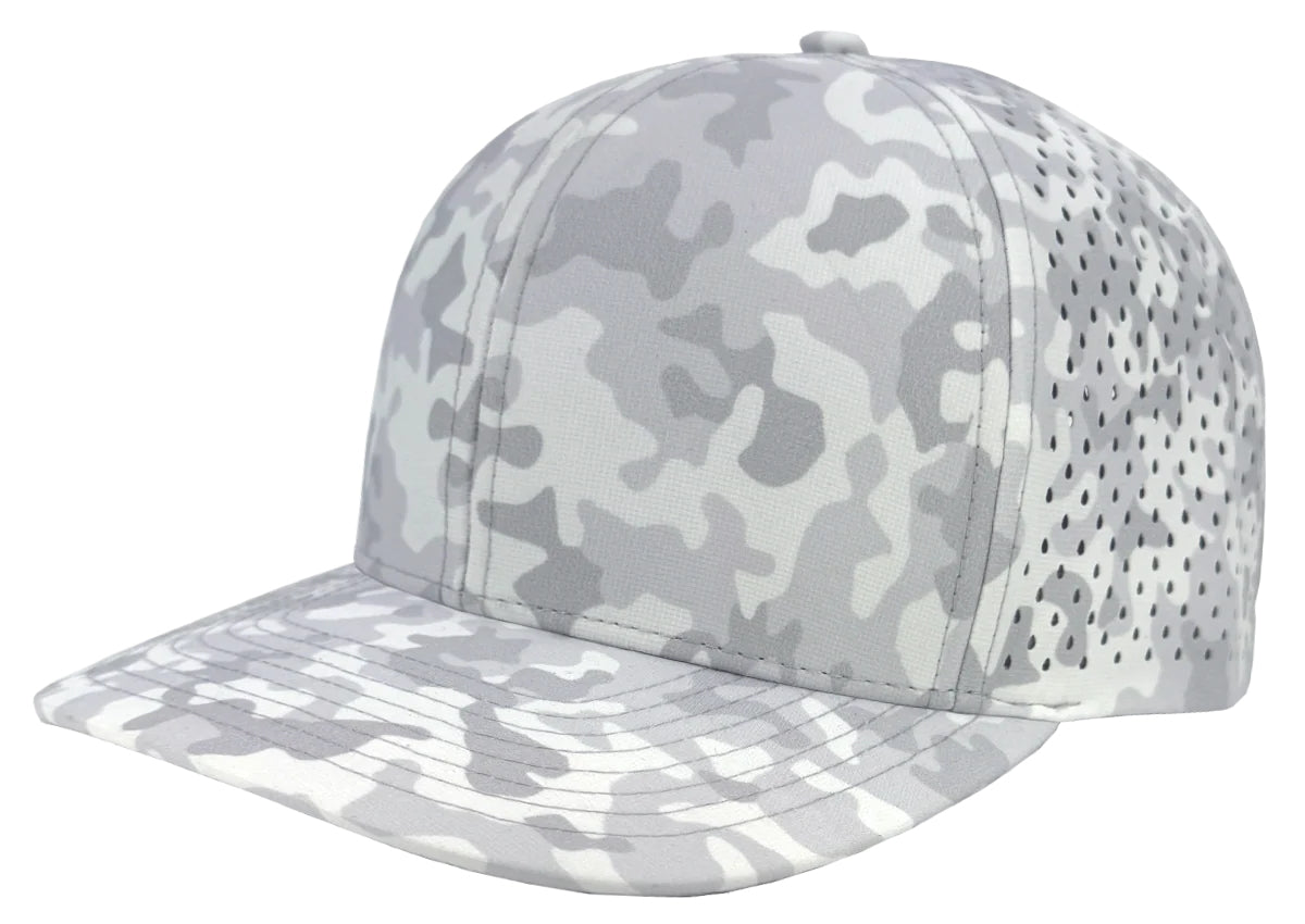 Custom Zapped Headwear Bomber 6-Panel Snapback Hat in Snow Camo, ready for personalized logo or design
