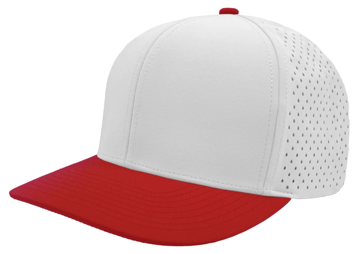 Custom Zapped Headwear Bomber 6-Panel Snapback Hat in White/Red, ready for personalized logo or design