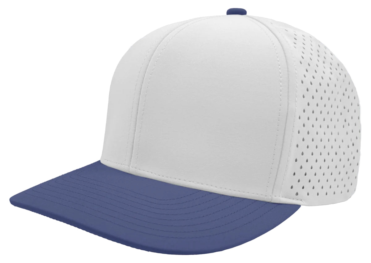 Custom Zapped Headwear Bomber 6-Panel Snapback Hat in Stark White/Royal, ready for personalized logo or design