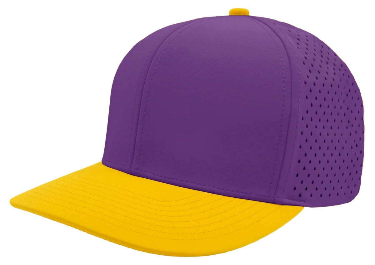 Custom Zapped Headwear Bomber 6-Panel Snapback Hat in Yellow/Purple, ready for personalized logo or design