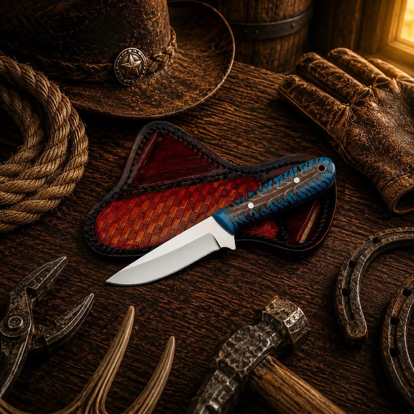 Buckaroo Style Cowboy Knife – Handmade D2 Steel Turquoise Pine Cone Ranch Knife