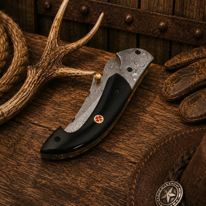7.25" Western Folding Pocket Knife – Raindrop Damascus Blade & Buffalo Horn Handle