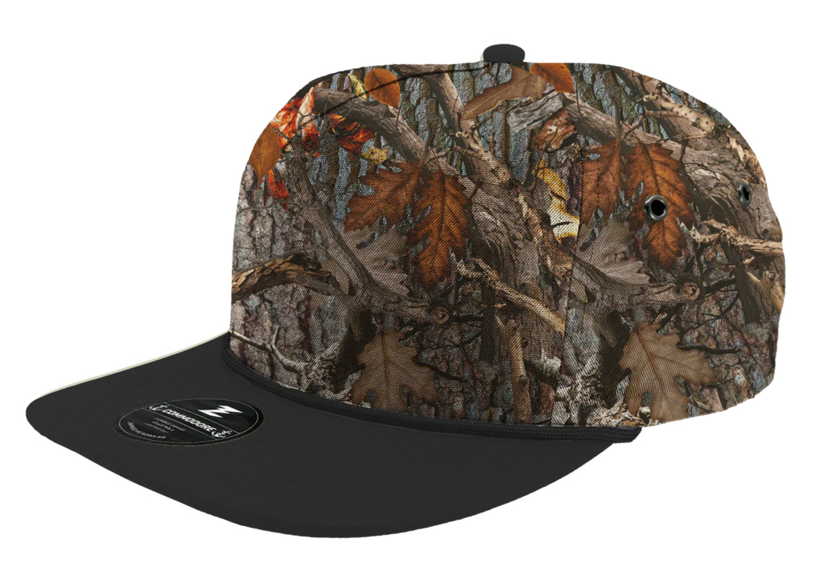 Custom Zapped Headwear Commodore Unstructured Rope Hat in Oak Camo/Black Rope, ready for personalized logo or design