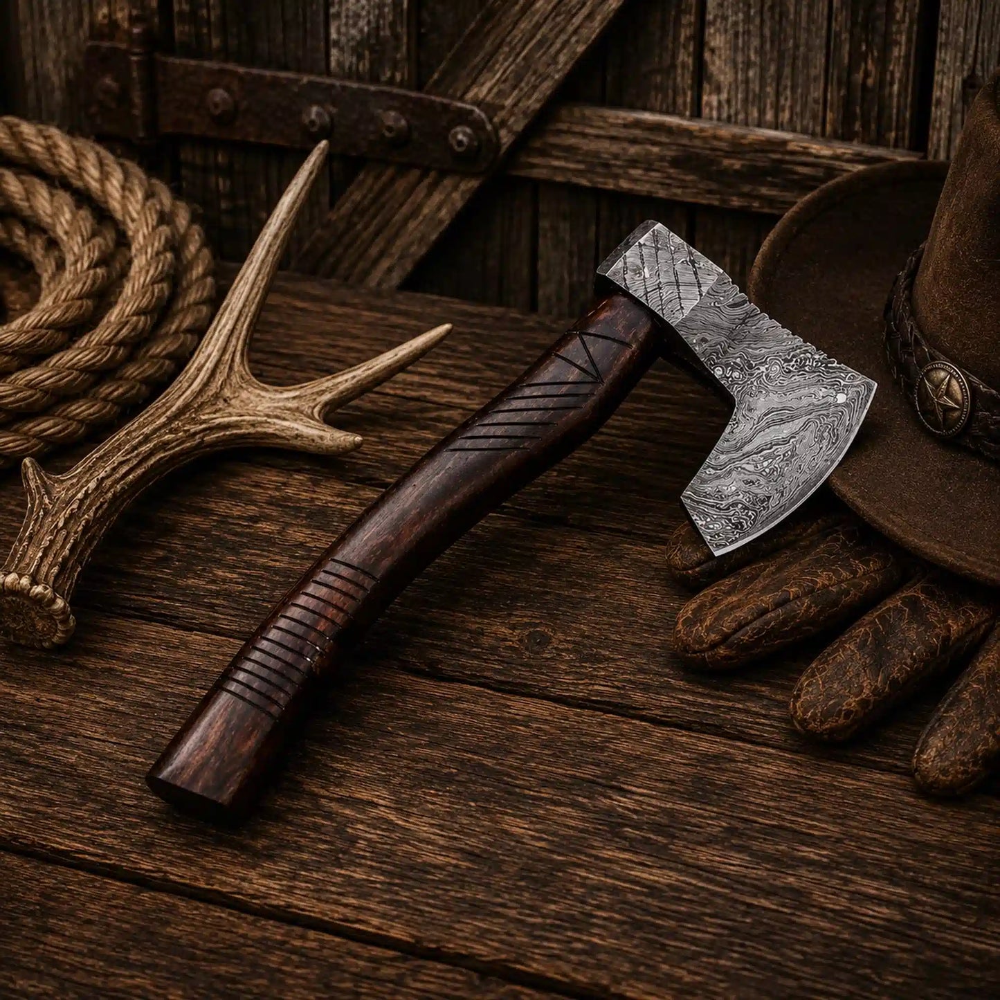 Handcrafted Damascus Steel Tomahawk Axe for Sale – Rosewood Handle & Leather Sheath