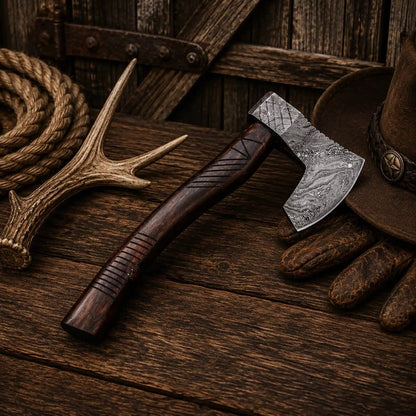 Handcrafted Damascus Steel Tomahawk Axe for Sale – Rosewood Handle & Leather Sheath
