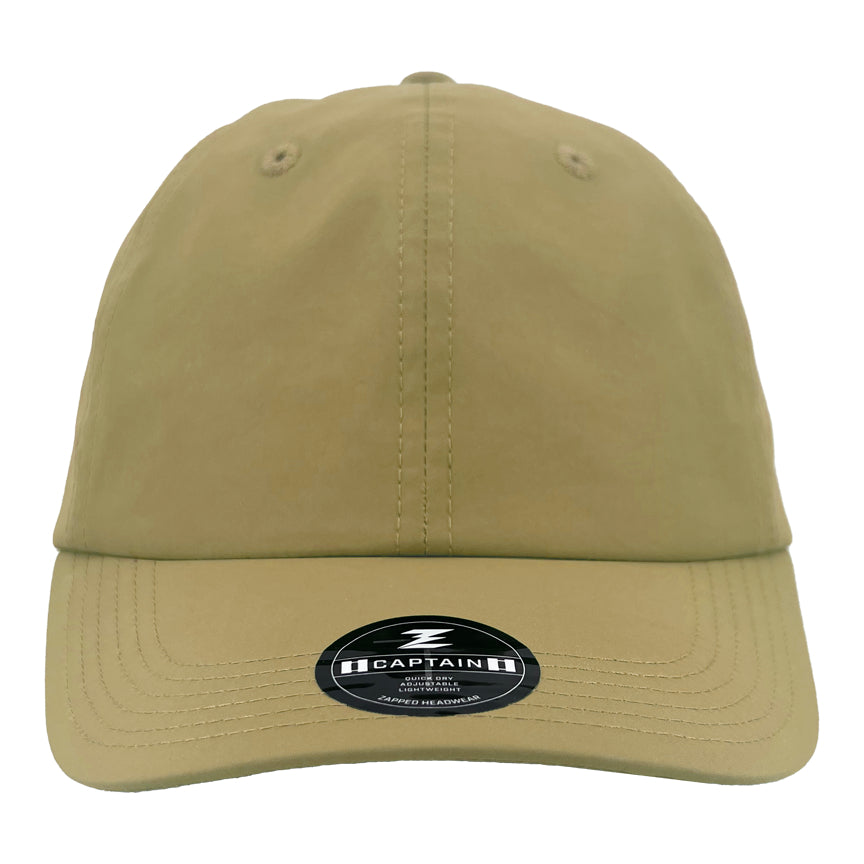 Custom Zapped Headwear Captain 6-Panel Dad Hat in Khaki, ready for personalized logo or design
