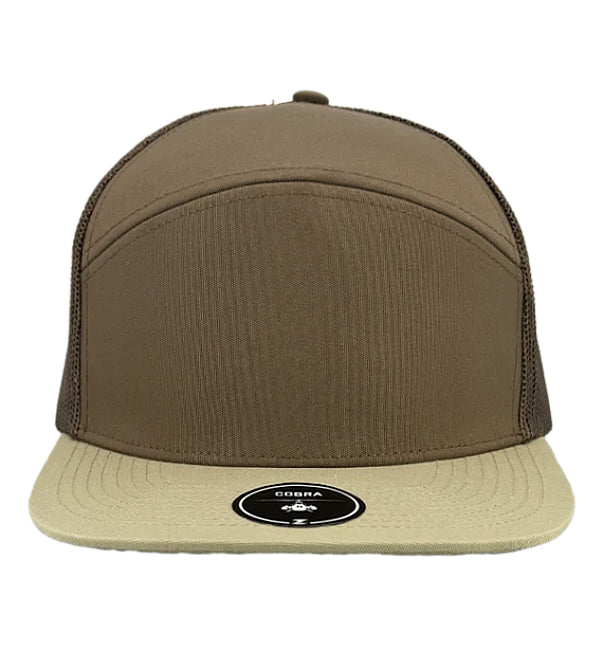 Custom Zapped Headwear Cobra 7-Panel Flat Bill Snapback Hat in Brown/Khaki Bill, ready for personalized logo or design