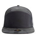 Custom Zapped Headwear Cobra 7-Panel Flat Bill Snapback Hat in Black Camo/Black, ready for personalized logo or design