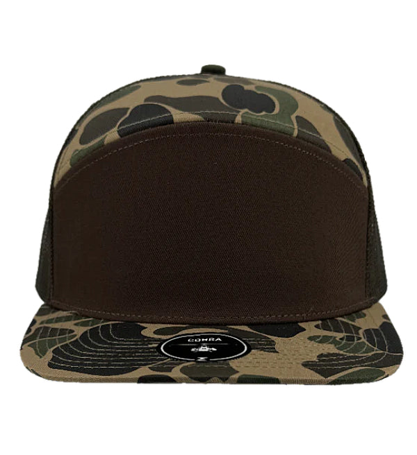Custom Zapped Headwear Cobra 7-Panel Flat Bill Snapback Hat in Old School Camo/Brown, ready for personalized logo or design