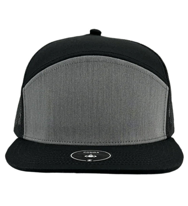 Custom Zapped Headwear Cobra 7-Panel Flat Bill Snapback Hat in Heather Grey/Black, ready for personalized logo or design