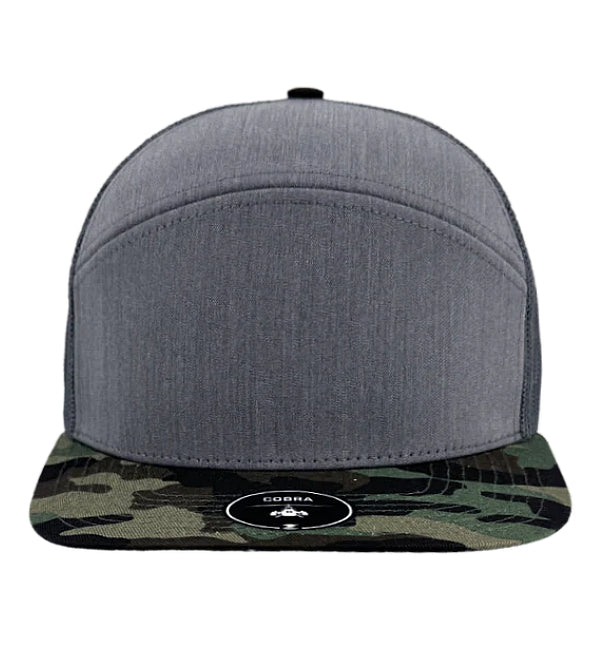 Custom Zapped Headwear Cobra 7-Panel Flat Bill Snapback Hat in Heather Grey/Camo Bill, ready for personalized logo or design