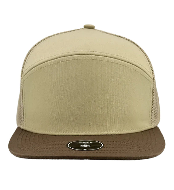 Custom Zapped Headwear Cobra 7-Panel Flat Bill Snapback Hat in Khaki/Brown Bill, ready for personalized logo or design