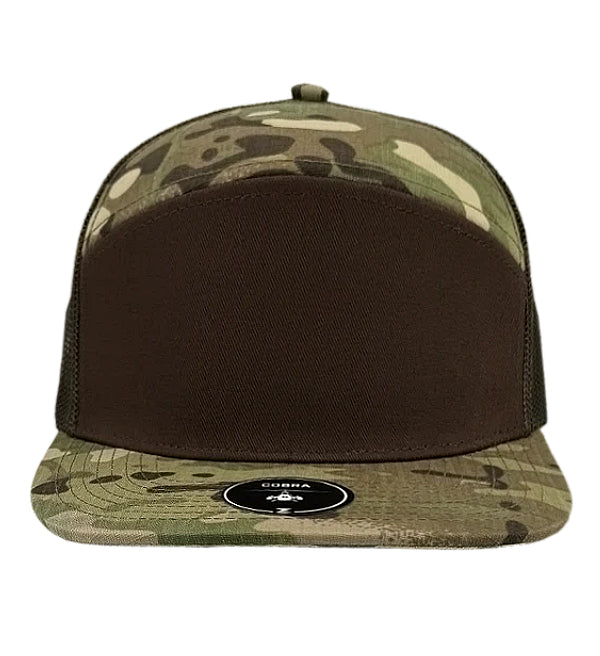 Custom Zapped Headwear Cobra 7-Panel Flat Bill Snapback Hat in Multicam/Brown, ready for personalized logo or design