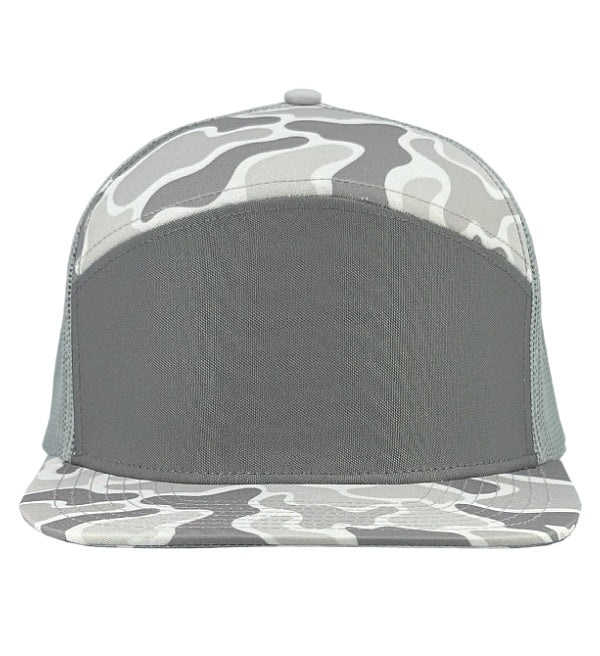 Custom Zapped Headwear Cobra 7-Panel Flat Bill Snapback Hat in Old School Snow Camo/Grey, ready for personalized logo or design