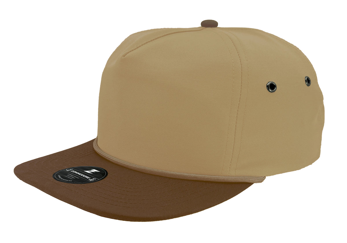 Custom Zapped Headwear Commodore Unstructured Rope Hat in Khaki/Brown Bill/Khaki Rope, ready for personalized logo or design