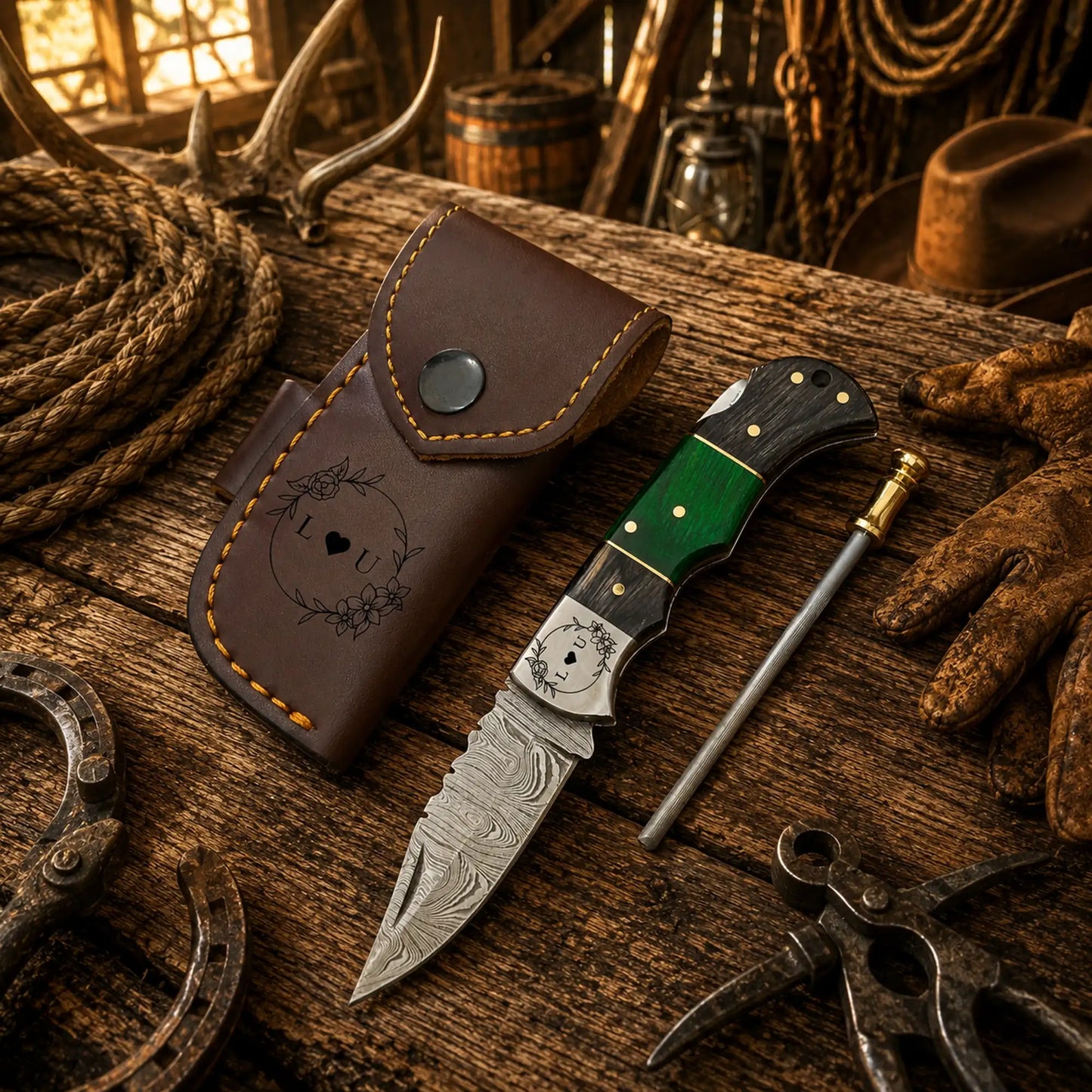 Compact Cowboy Working Damascus Folding Pocket Knife – Green Pakka Wood Back Lock EDC Knife