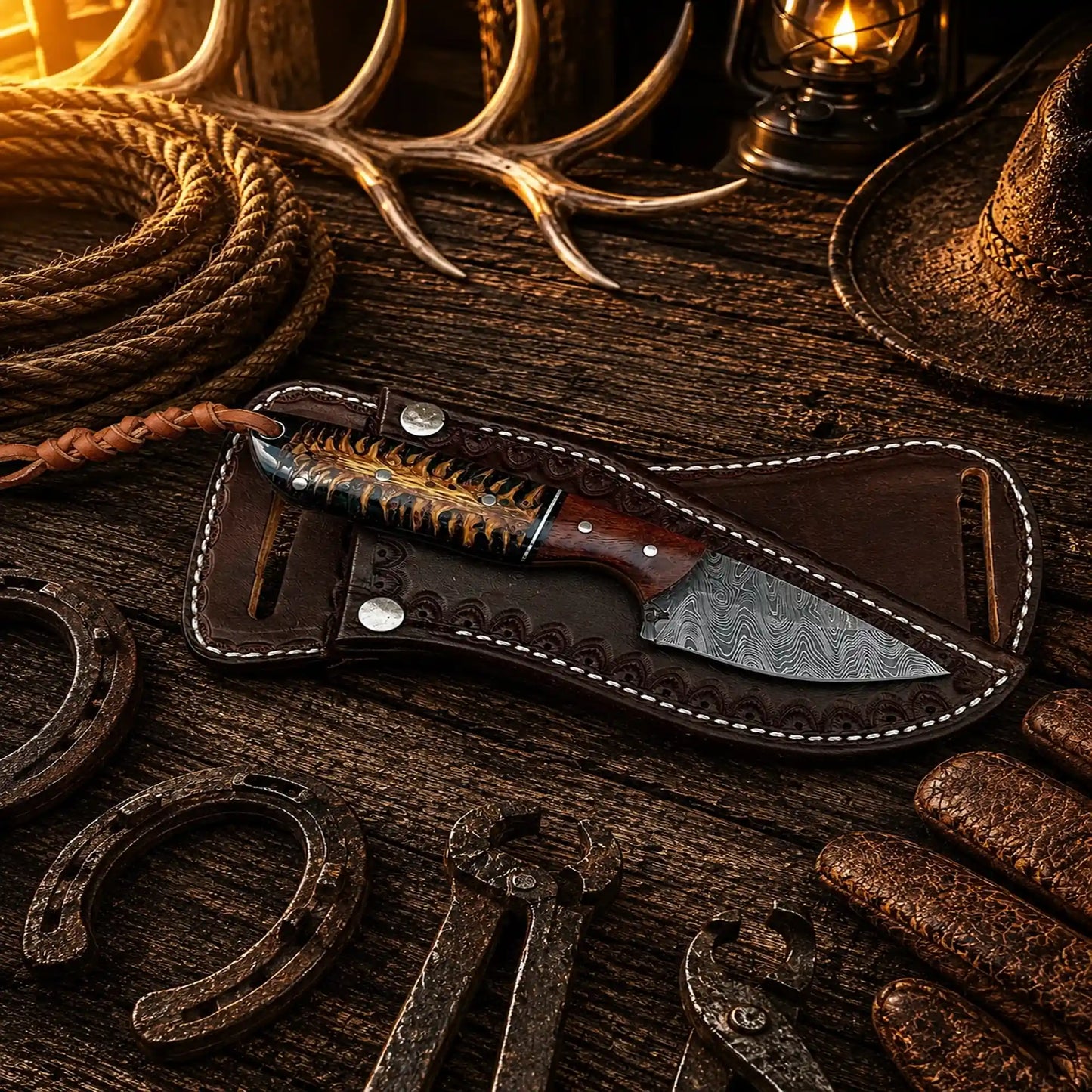 County Rodeo Carry Knife – Damascus Steel Pine Cone Belt Knife