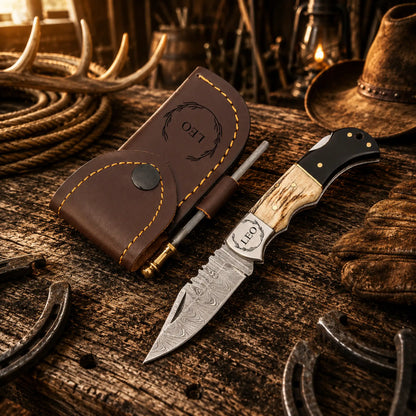 Cowboy Belt Carry Damascus Folding Pocket Knife – Antler & Black Resin Back Lock EDC Knife