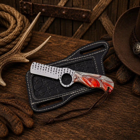 Cowboy Bull Cutter Knife – 3.75" Rasp Steel Blade & Red Epoxy Resin Handle