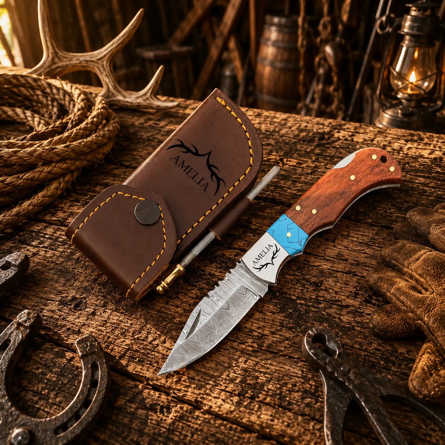 Cowboy Champion Carry Damascus Folding Pocket Knife – Turquoise & Wood Back Lock EDC Knife