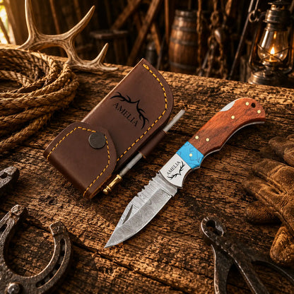 Cowboy Champion Carry Damascus Folding Pocket Knife – Turquoise & Wood Back Lock EDC Knife