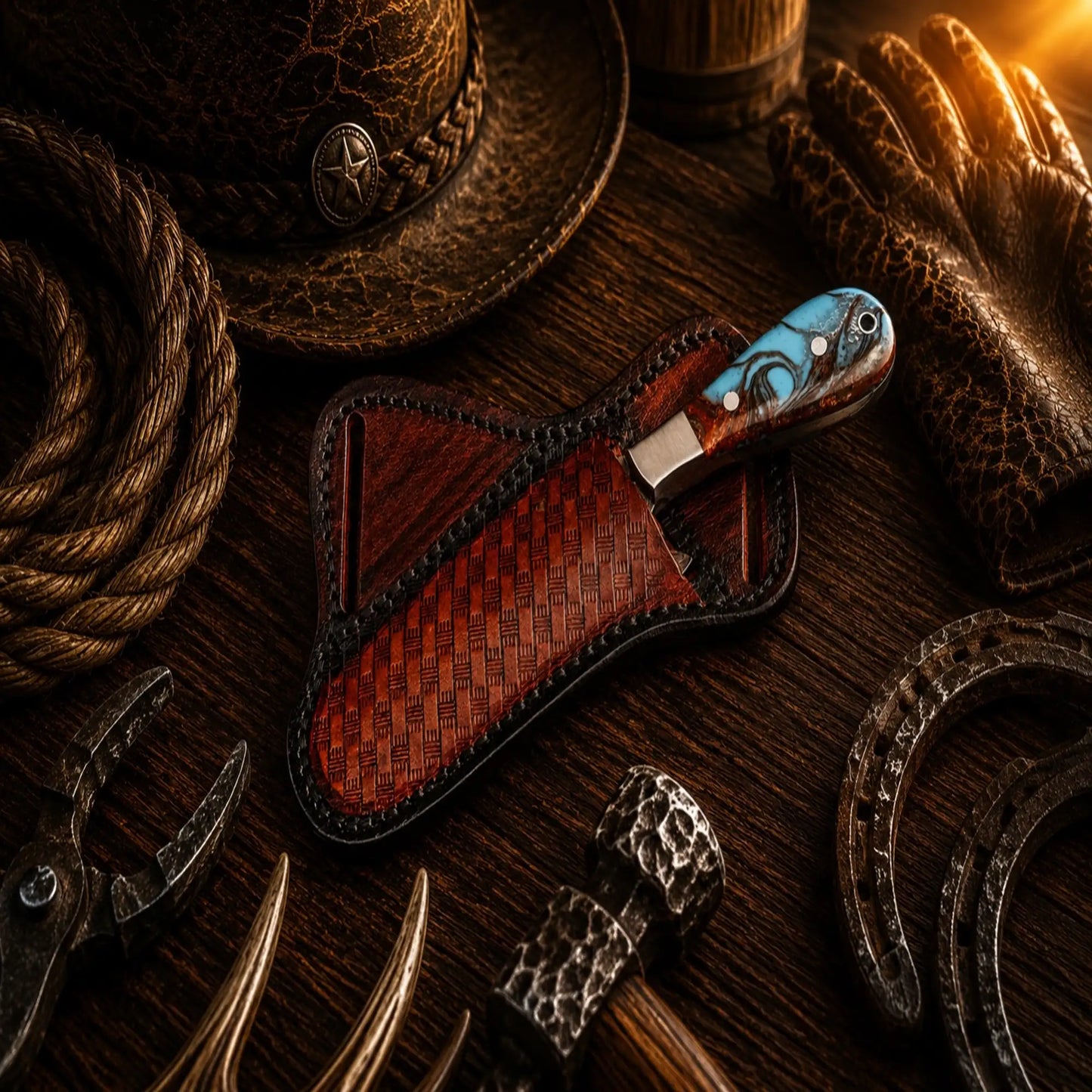 Stockman's Bull Cutter Knife – Handmade Damascus Steel with Epoxy Resin Handle