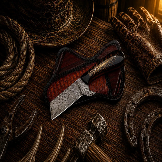 Outlaw Ranch Bull Cutter Knife – Damascus Steel Pinecone Handle