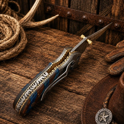 7.25" Western Cowboy Folding Pocket Knife – Damascus Steel & Compact Wood Handle