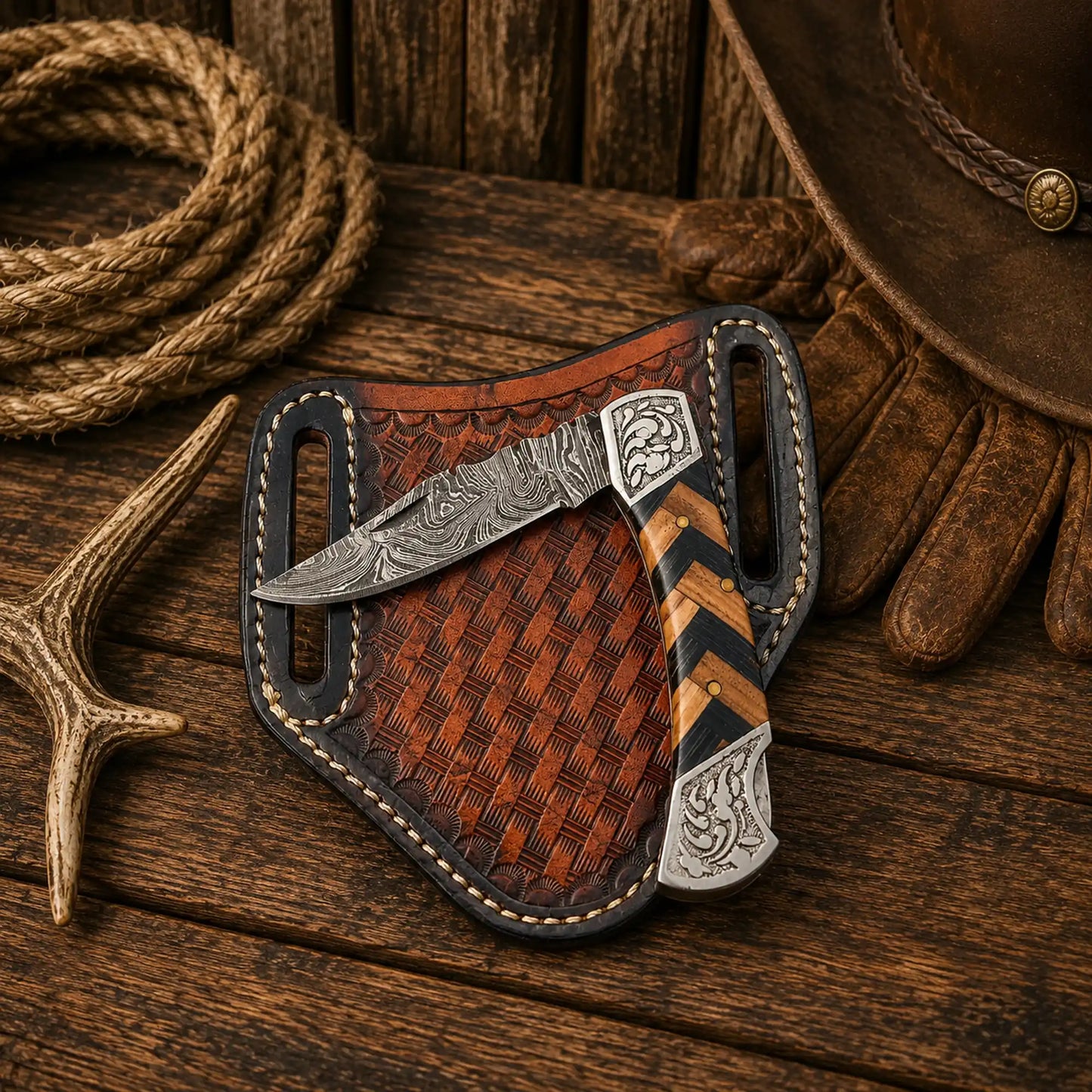 Cowboy Field Pocket Knife – 3" Handmade Damascus Steel Blade with Compact Wood Handle