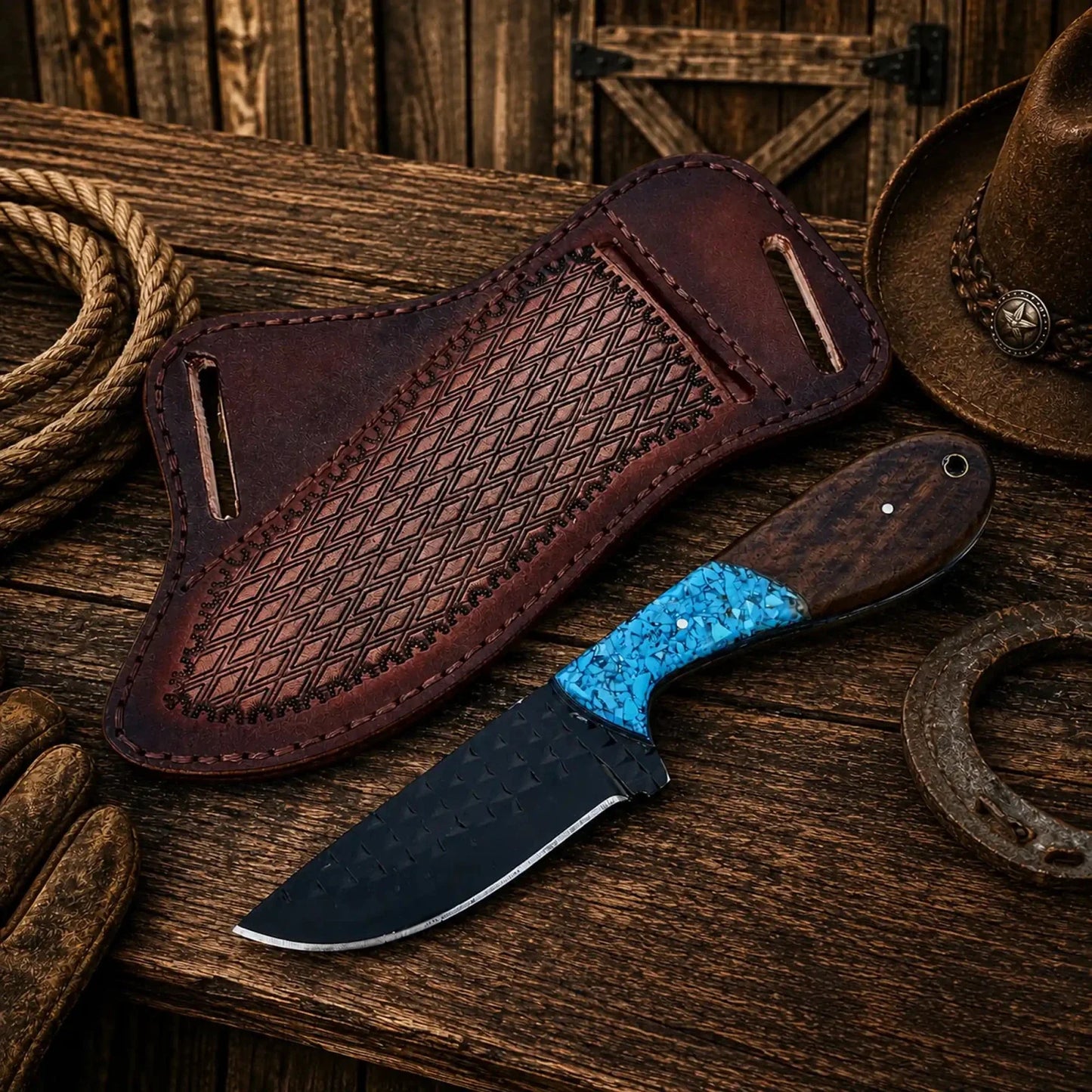 Cowboy Field Working Knife – Black Powder Coated Rasp Steel Blade with Turquoise & wood Handle